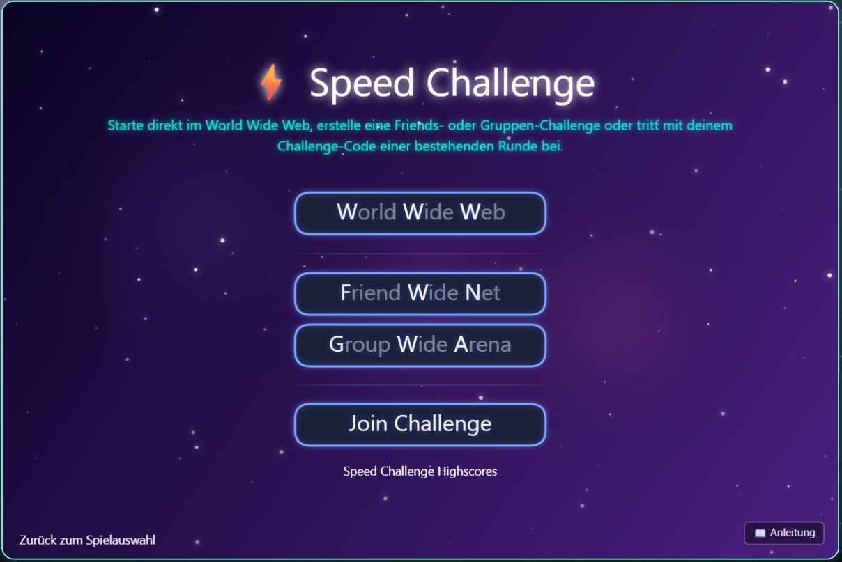 Speed Challenge Selektion mit Uebersicht aller Bereiche
