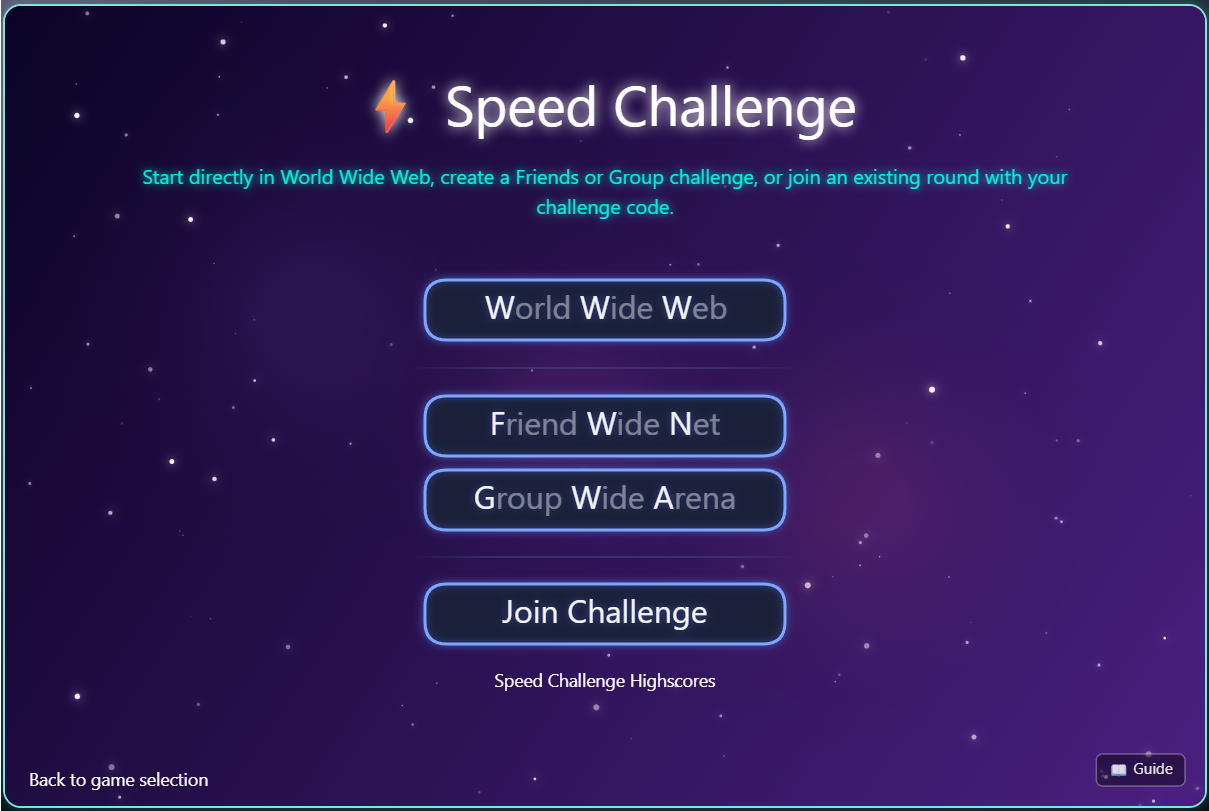 Speed Challenge selection with an overview of all areas