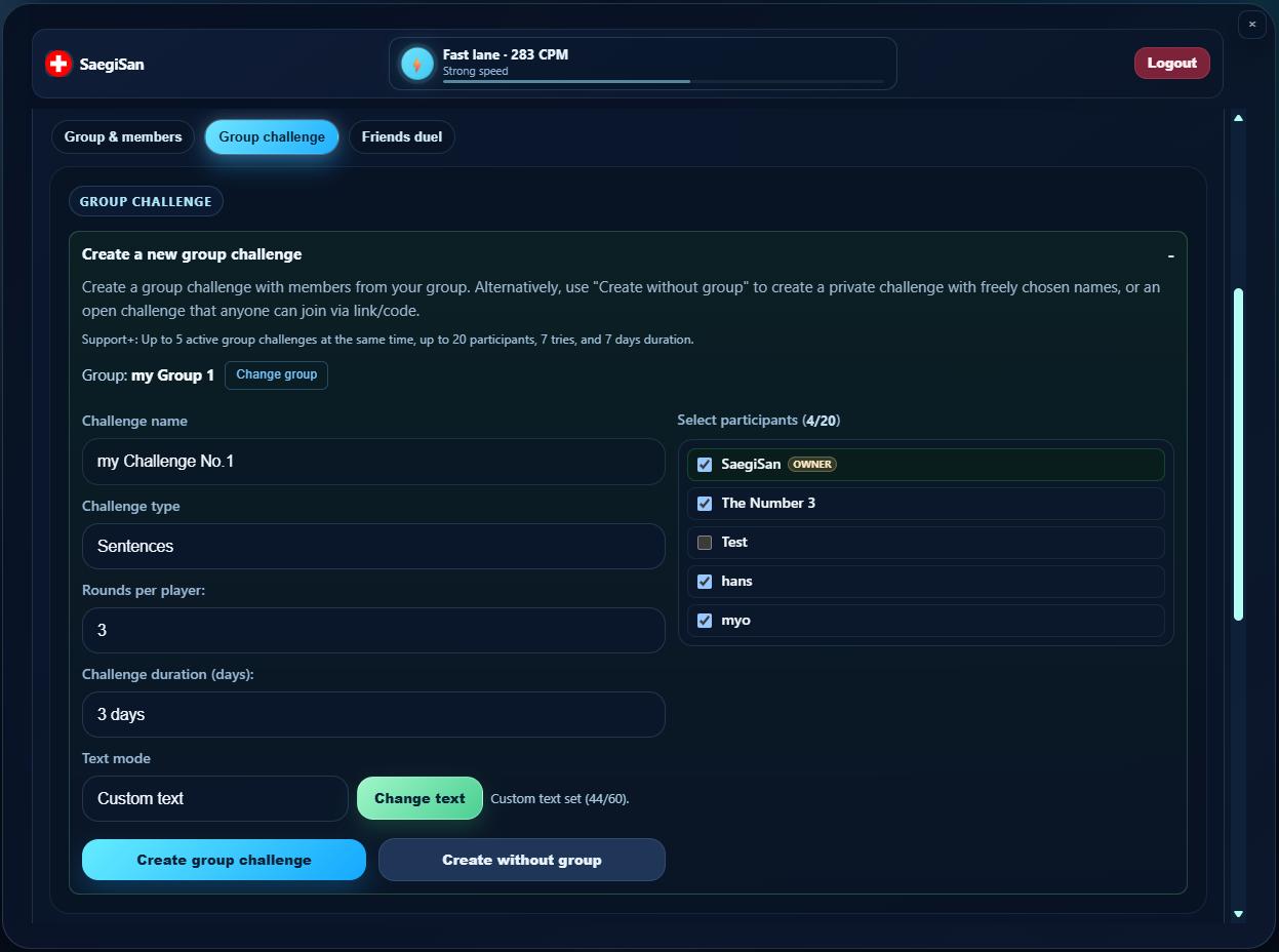 Form for creating a group challenge