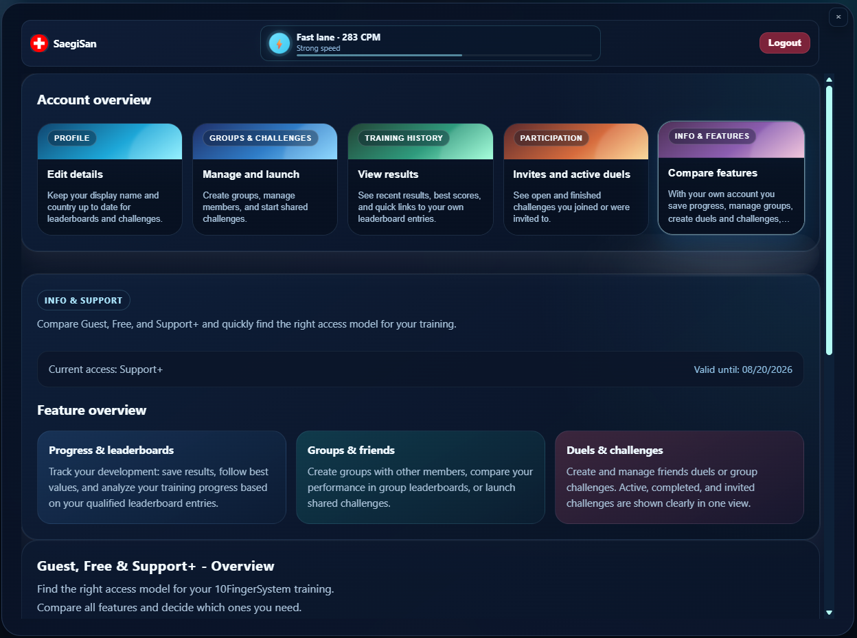 Account overview with profile, groups, training history and challenges