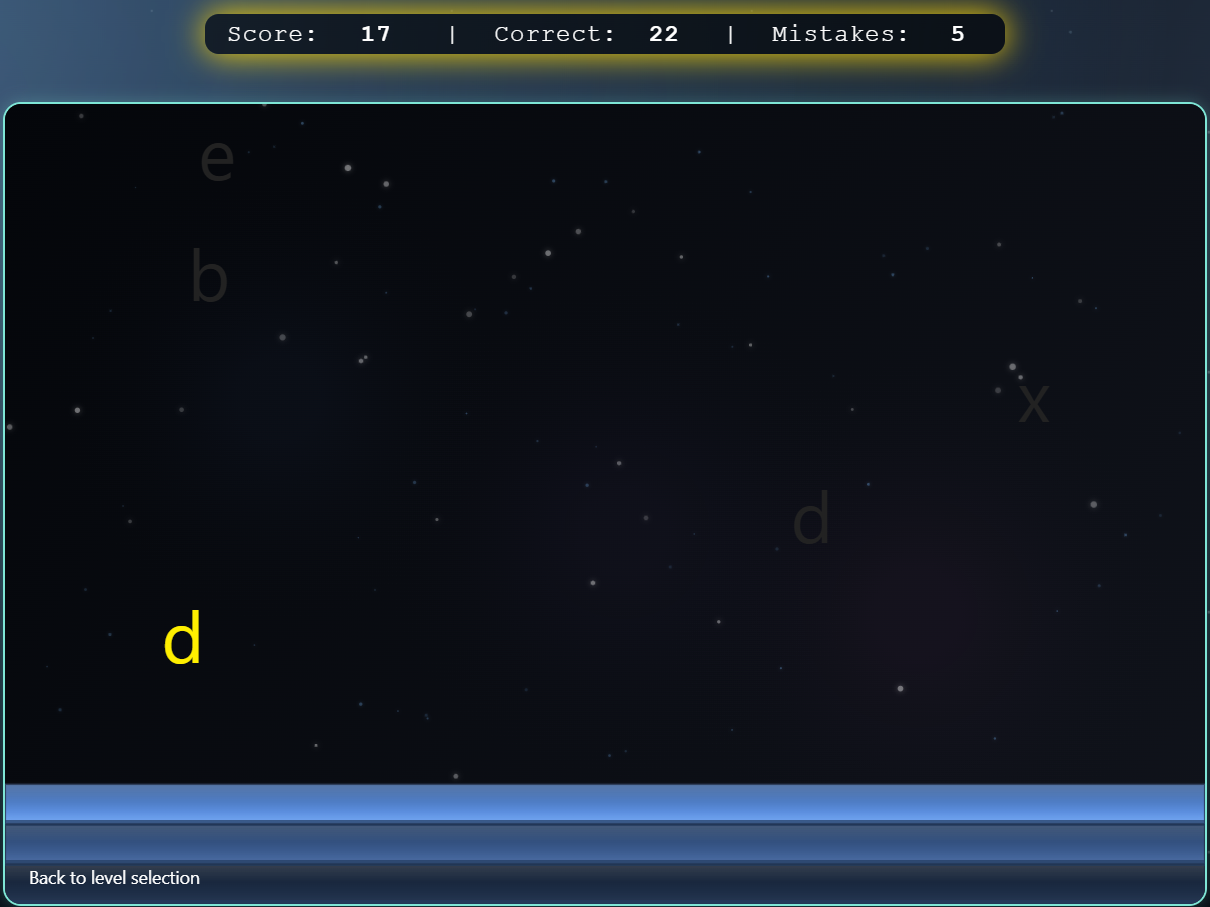 Game mode Spacefall in typing training