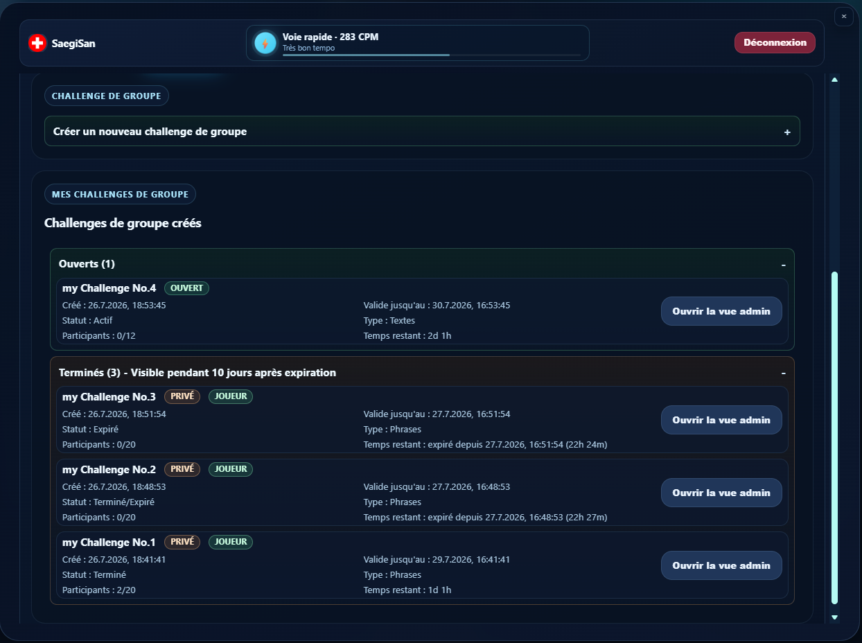 Vue de gestion des défis de groupe