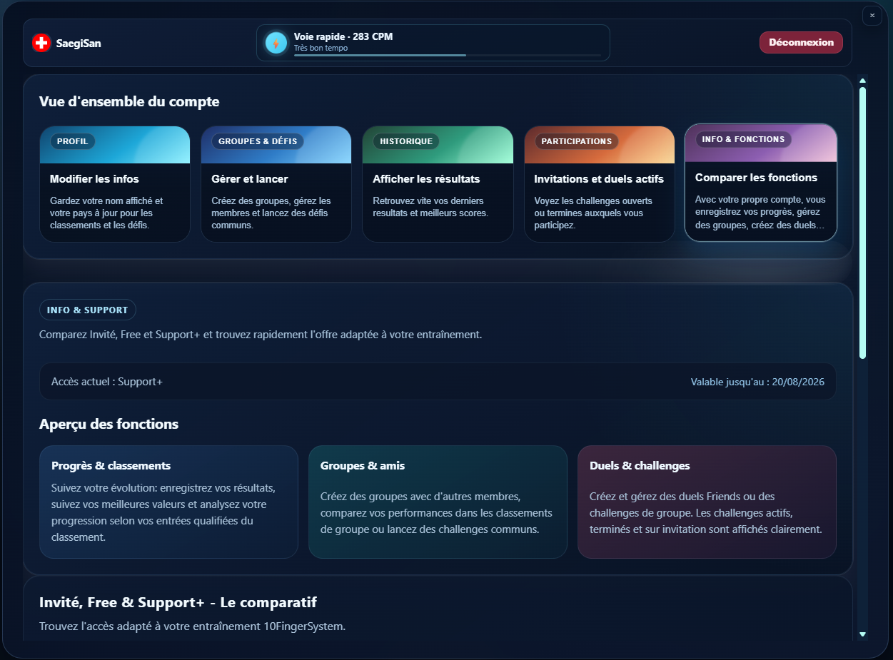 Vue du compte avec profil, groupes, historique et défis