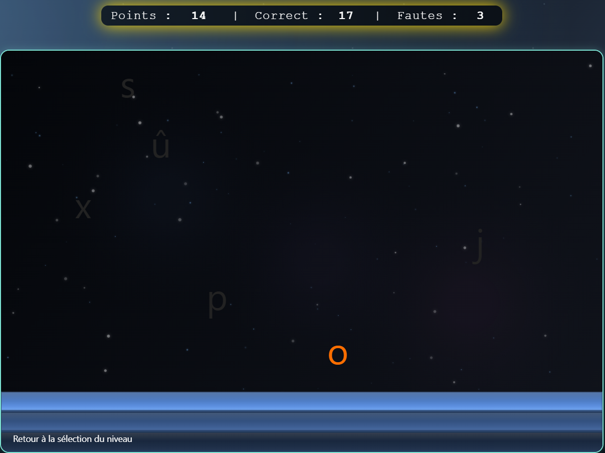 Mode de jeu Spacefall dans l'entraînement à la dactylographie